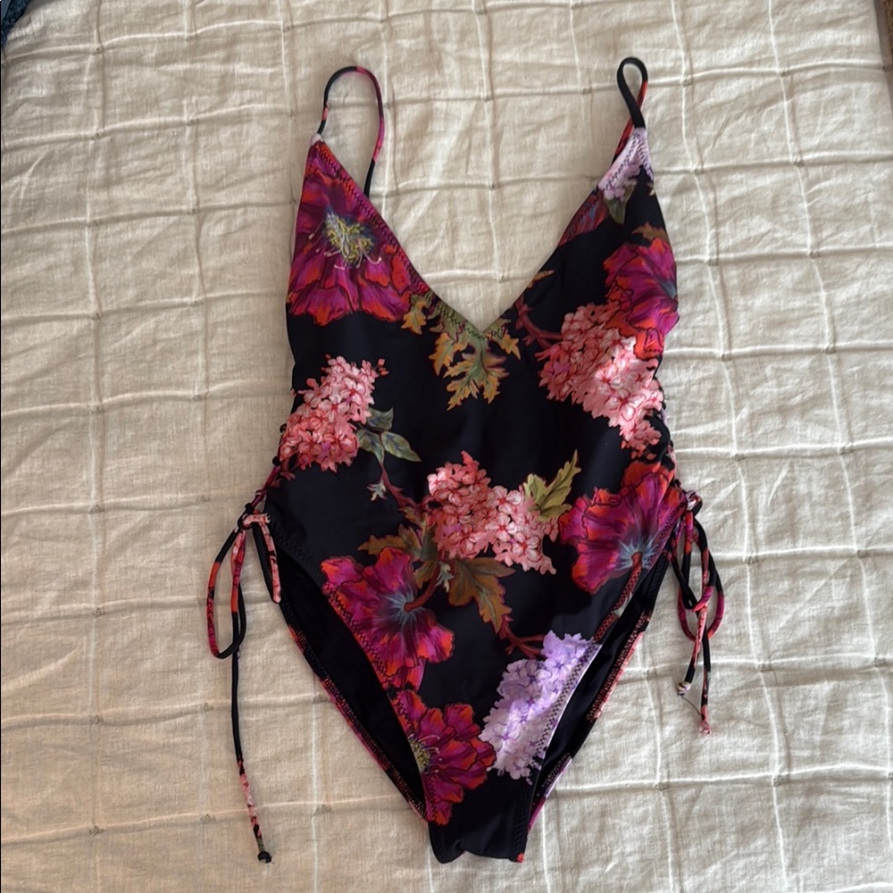 Zara Black Floral One-Piece Swimsuit with Pink & Purple Flowers
